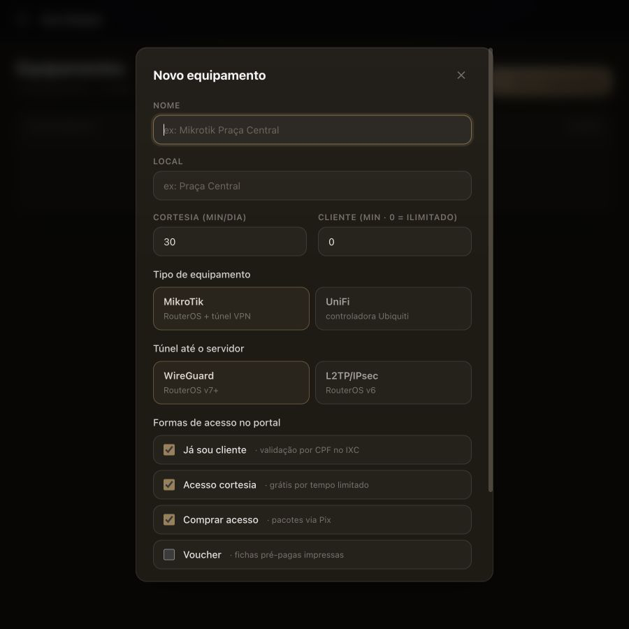 Tela real de cadastro de equipamento MikroTik ou UniFi